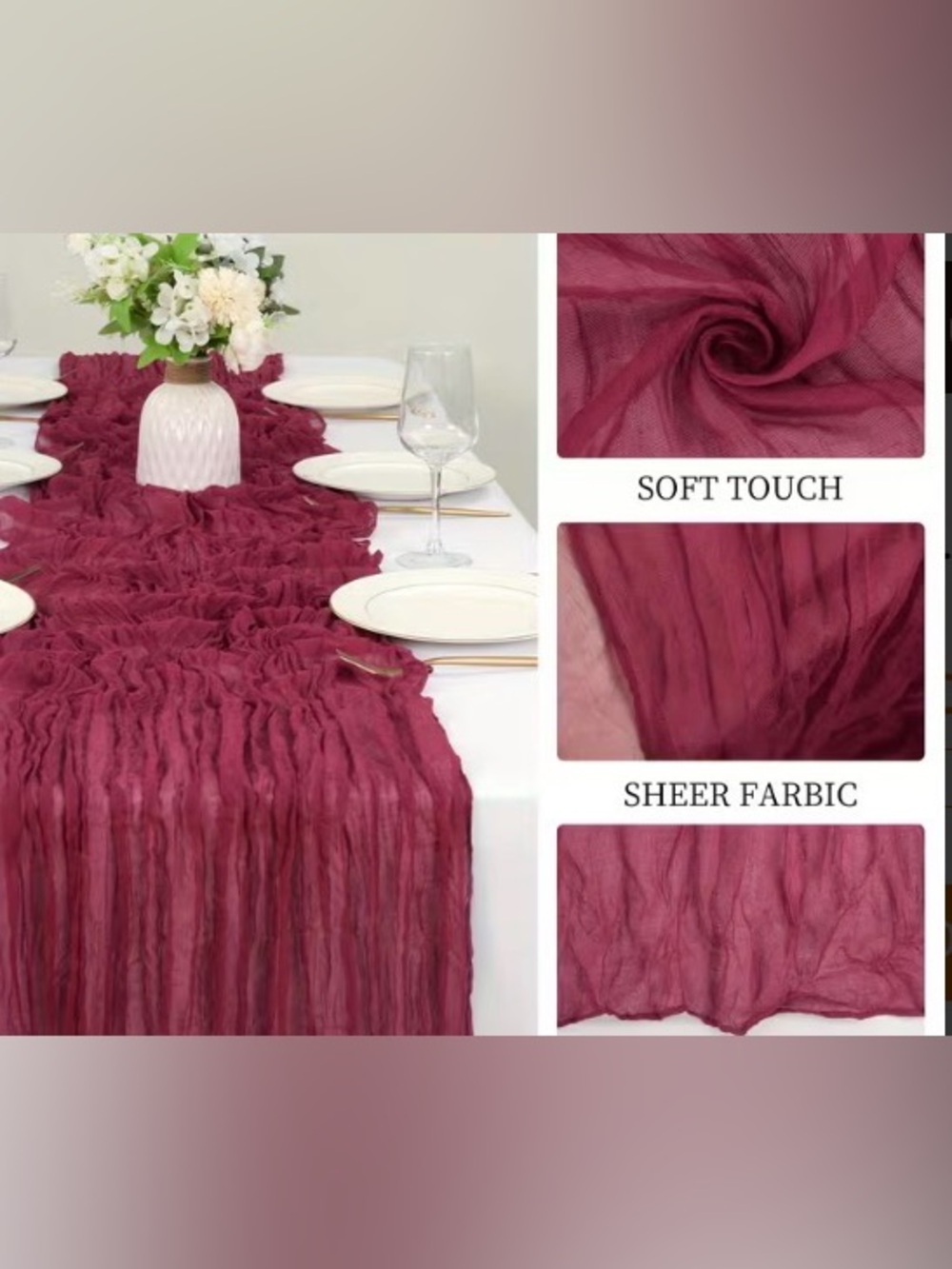 Burgundy Ruffled Sheer Table Runner - Elegant Home Dining Accent
